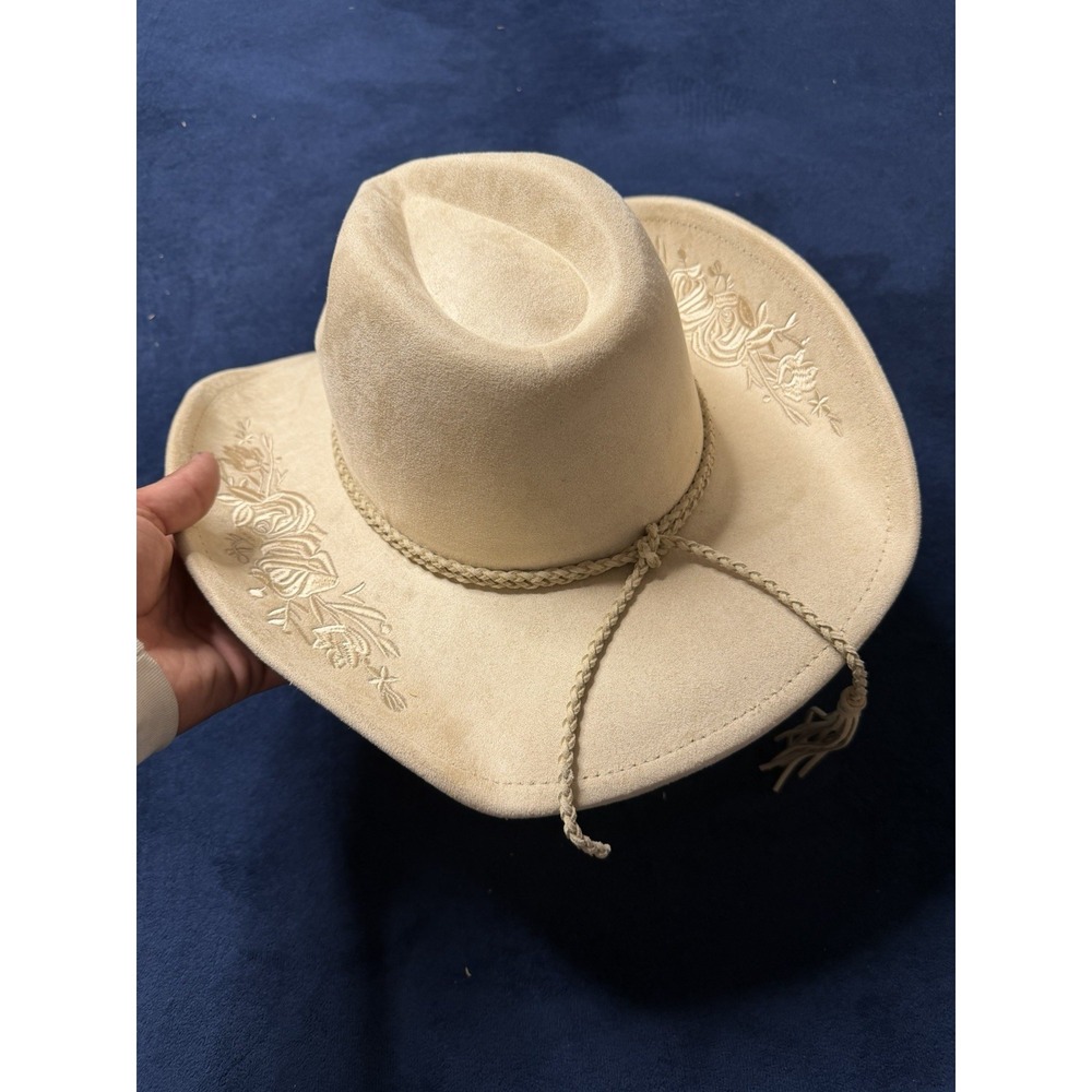 Faux Suede Cowboy Hat Beige Floral Embroidery Western Tassel Boho Large